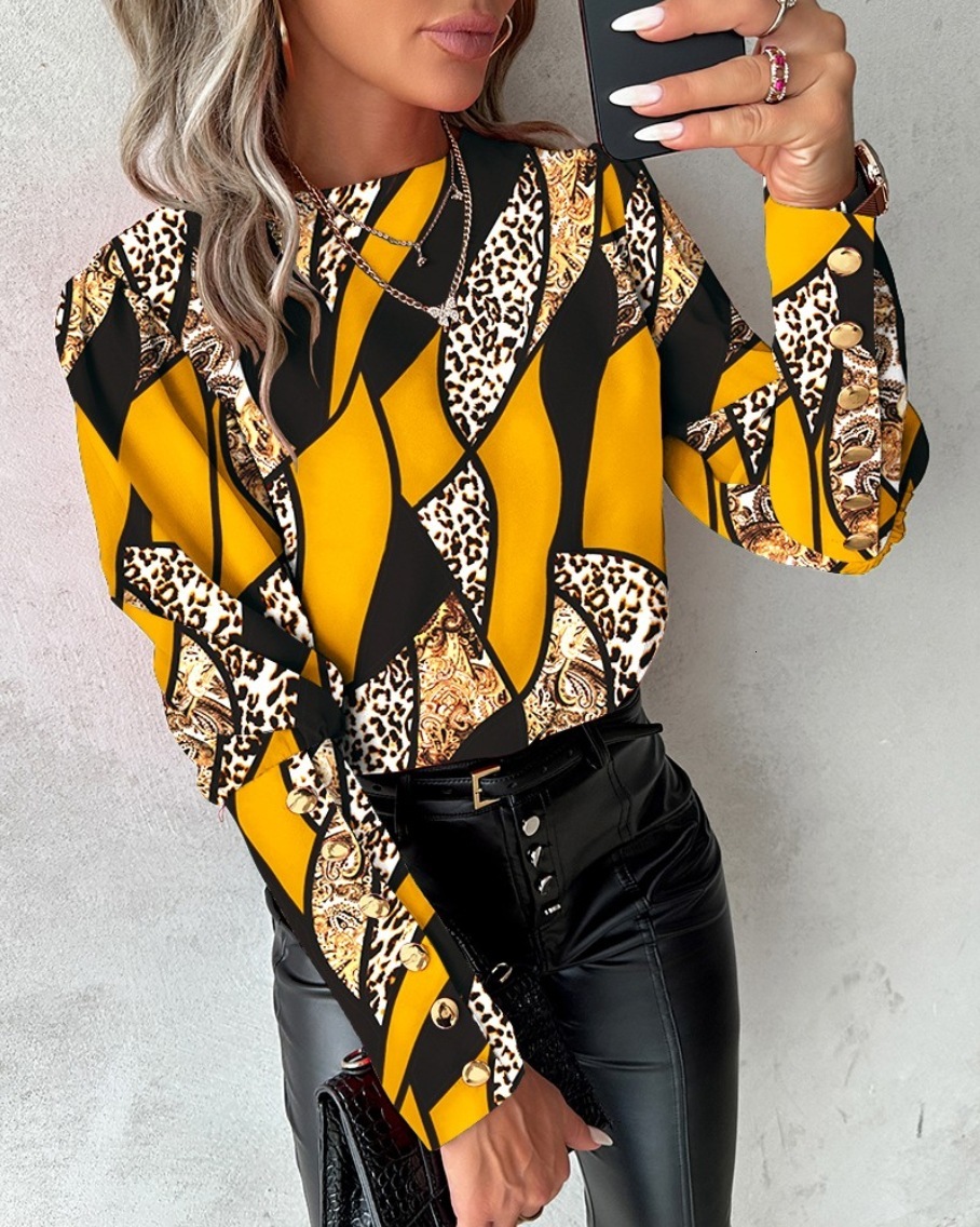 2023 autumn and winter fashion printed long sleeved round neck button down shirt for women