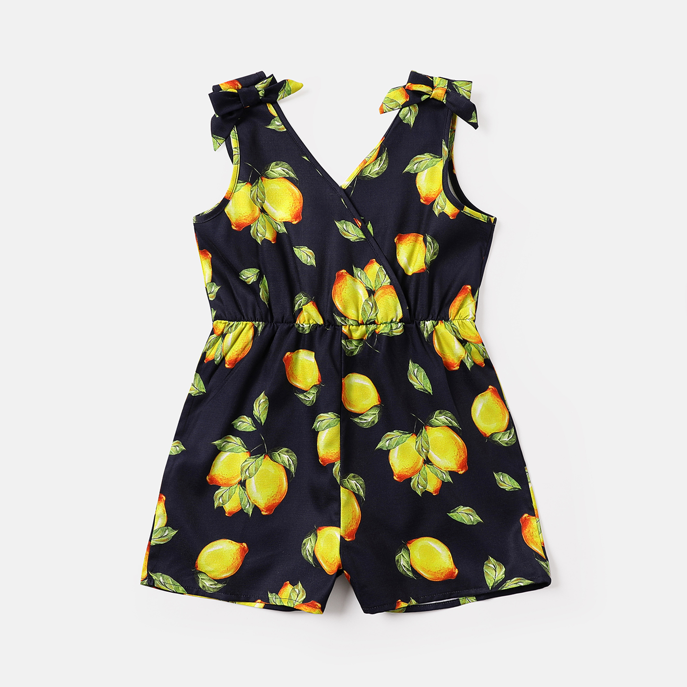 PatPat Kid Girl Lemon Print Surplice Neck Bowknot Design Sleeveless Rompers