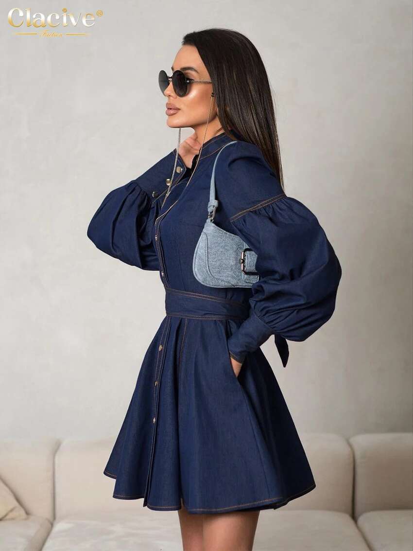 Clacive Fashion Slim Blue Denim Women's 2024 Elegant Stand Collar Long Sleeve Mini Dresses Vintage High Waist Female Dress