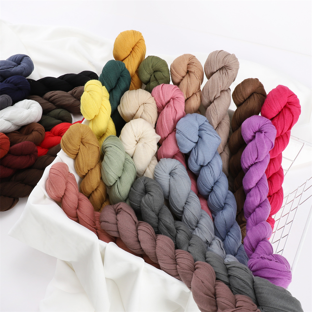 K501 Cross-border spring and autumn pure color Bali yarn twist wrinkled cotton and linen breathable thin scarf female hijab silk scarf spot wholesale