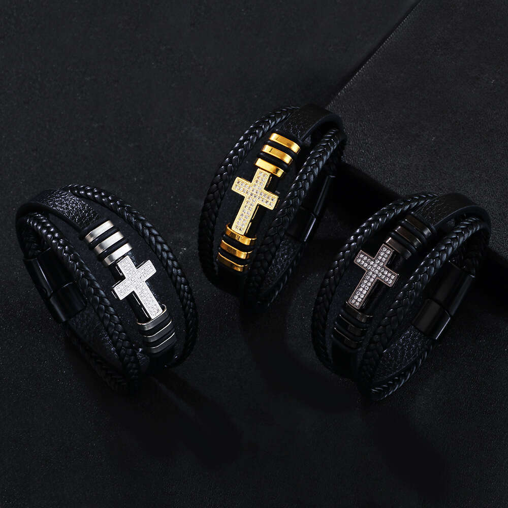 Copper inlaid zircon cross bracelet, fashionable PU leather rope, hand woven alloy bracelet jewelry