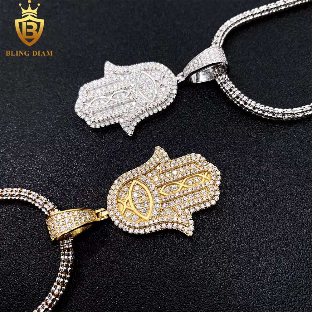 Gra Certificate Hip Hop Jewelry 925 Sterling Silver Iced Out Moissanite Gold Plated Hamsa Hand Charm Pendant