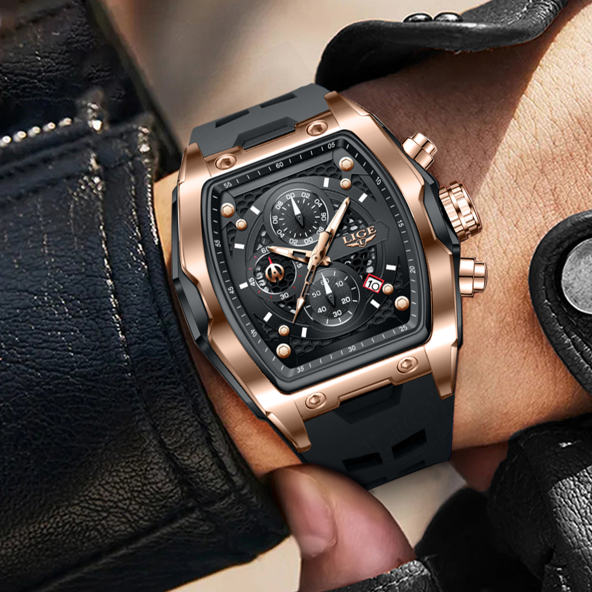 LIGE new watch sports style wine barrel men's watch curved mirror hollowed out men's quartz watch multifunctional calendar night light watch
