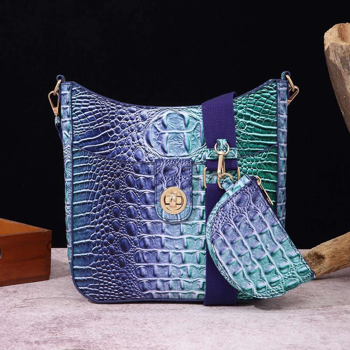 Creative Solid Color Crocodile Pattern Single Shoulder Crossbody Bag 2-Piece Set With Coin Purse