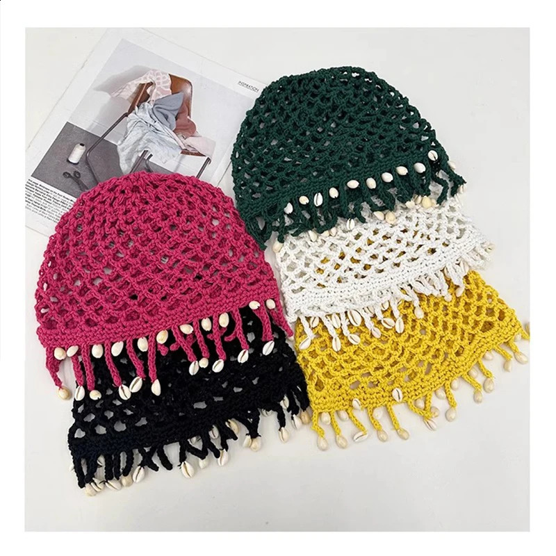 Personality Shell Fringed Knitted Fishing Net Beanies for Women Spring Summer Fashion Versatile Bohemian Style Pullover Hats 250420