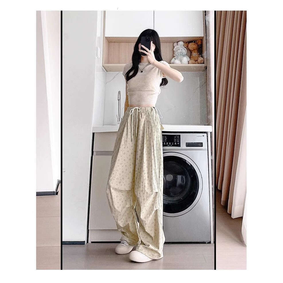 Floral work for women in spring and autumn thin style 2025 new high waisted loose casual wide leg American white sports pants