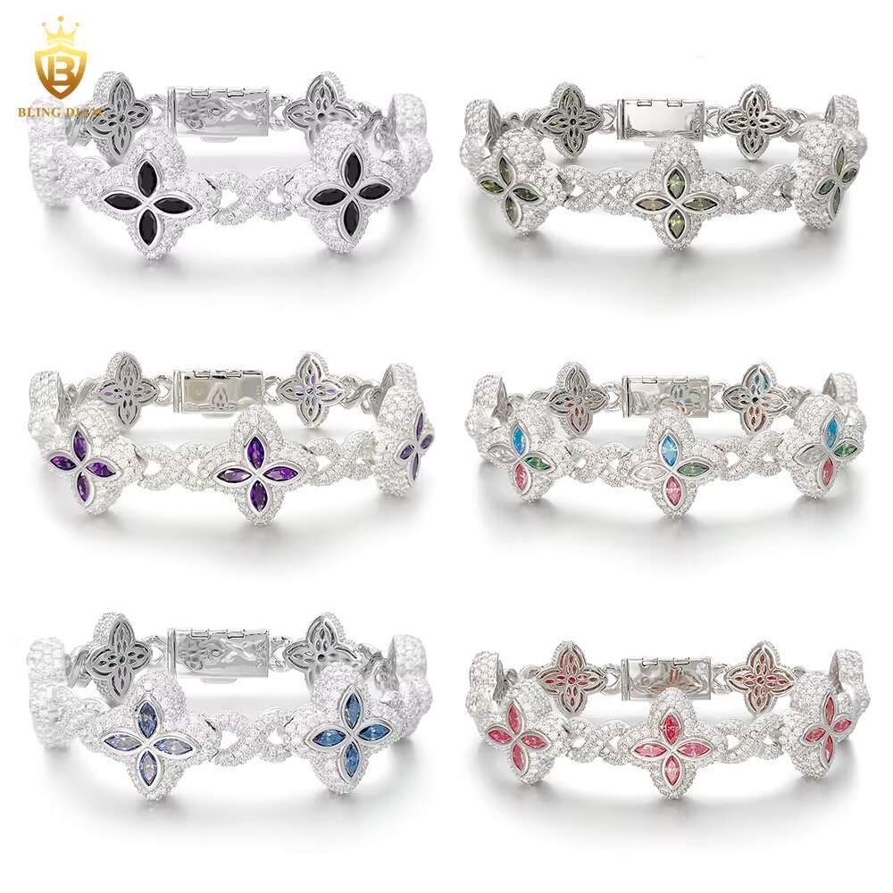 19mm Multiple Options Marquise Cut Flower New Design Colorful 925 Sliver Fancy Jewelry Moissanite Clover Iced Out Bracelet