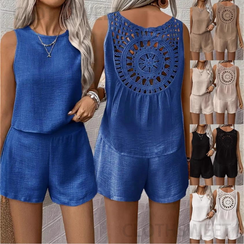 2025 New Summer Sleeveless Solid Color Back Hollow Lace Shorts Set for Women