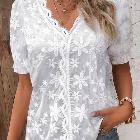 2024 Summer Casual V-neck Lace Splicing Shirt Womens Shirt