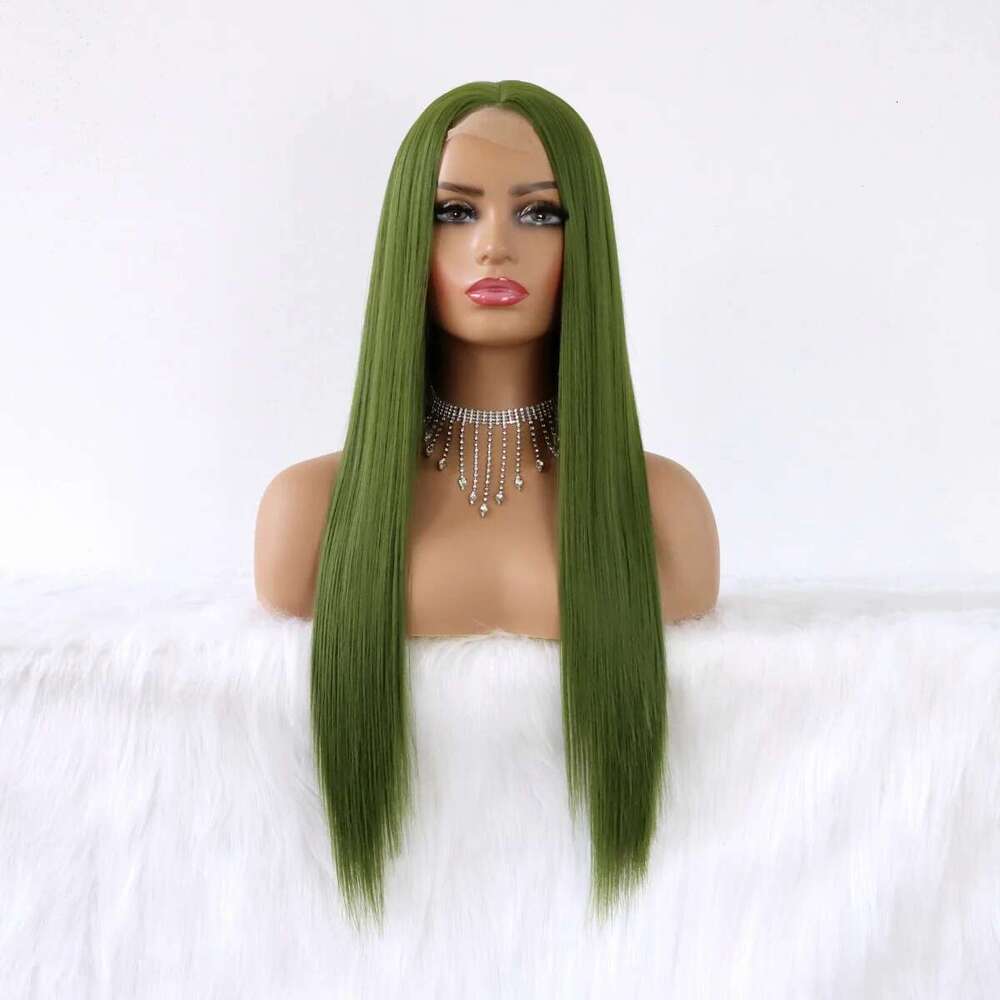Olive Long Straight Hair For Women Matcha Green No Lace Front Wigs Heat Resistant Synthetic Wig 24 Inch