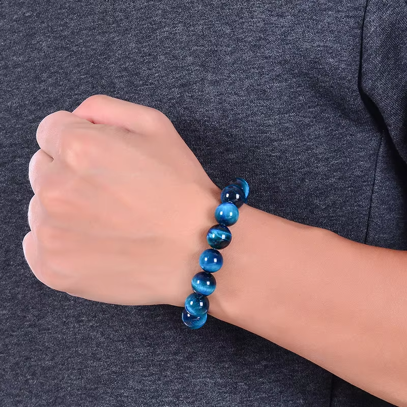1Pc 6/8/10/12mm Minimalist Blue Tiger Eye Stone Beaded Bracelet Natural Stone Round Beads Bracelet For Daily Decoration