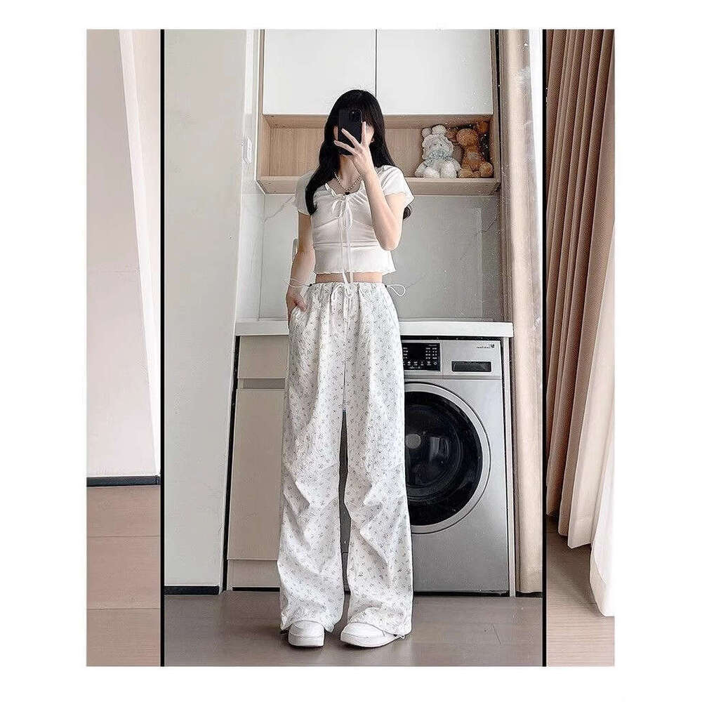 Floral work for women in spring and autumn thin style 2025 new high waisted loose casual wide leg American white sports pants