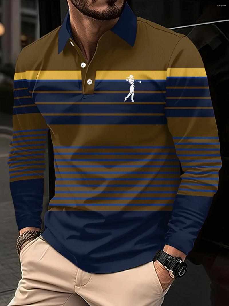 Men's Polos Long-sleeved Striped Polo Shirt High Tie Button Double-sided Velvet For Winter