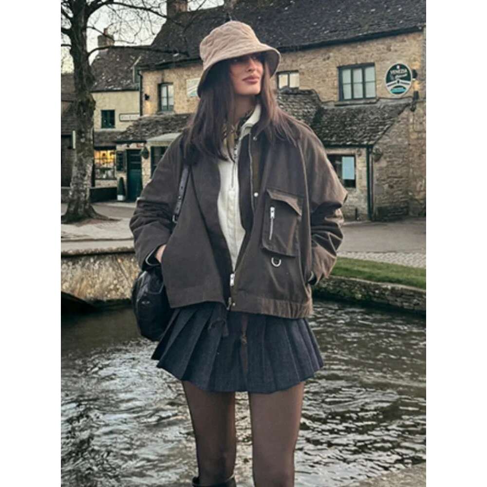 Designer Clothes Zipper Corduroy Work Jacket Coat Collar Waxed Pocket Biker Cargo Jackets Vintage Loose Women Workwear Outwear Slimming Overcoat