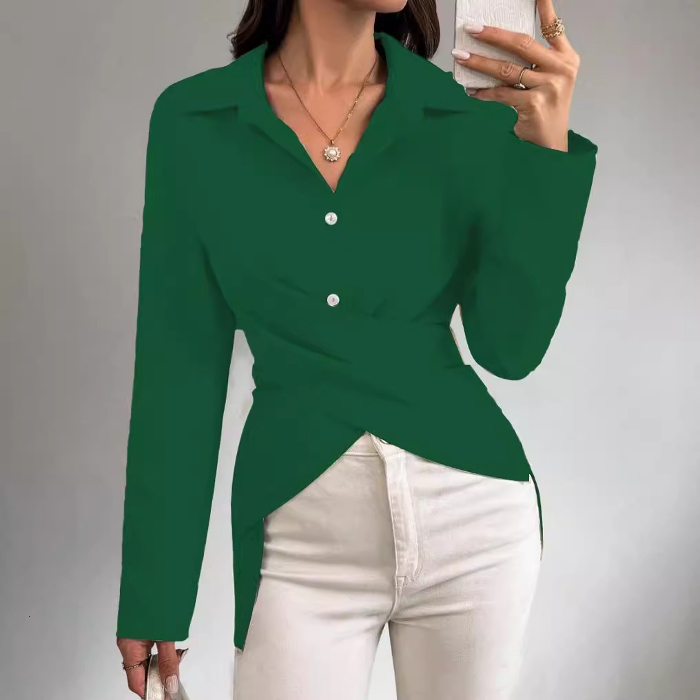 2024 Autumn Simple Fashion Versatile Waist Collection Solid Color Shirt Womens Wear