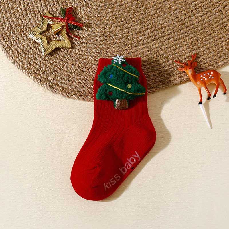 Kids Red Christmas Socks Cute Elk Tree Snowman Children Anti-Slip Floor Socks Boy Girl Winter Warm Mid Tube Sock Xmas Footwear G251124