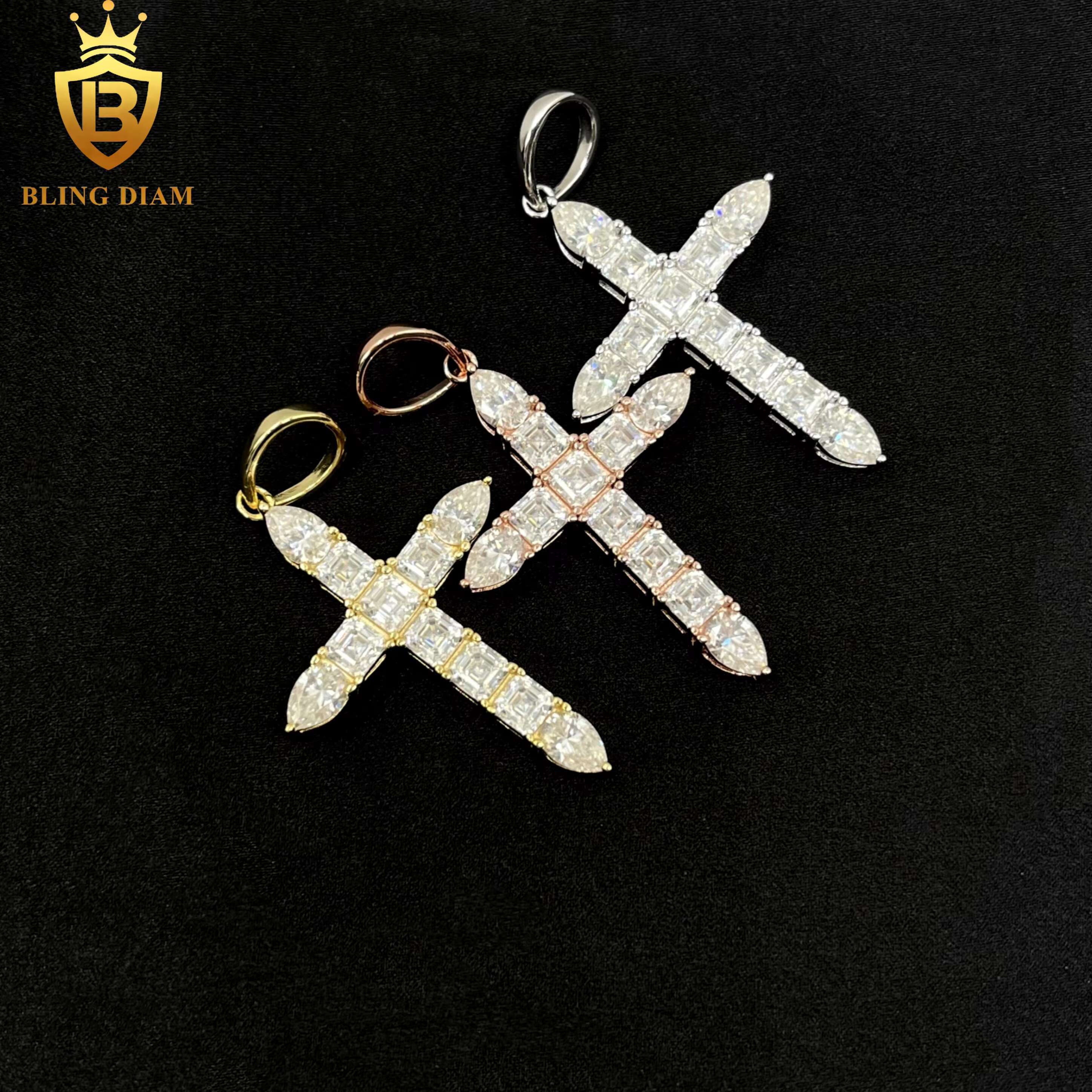 In Stock Fashion Hip Hop Jewelry Classic Tennis Cross Pendant Asscher Cut Necklace VVS Moissanite 925 Sterling Silver