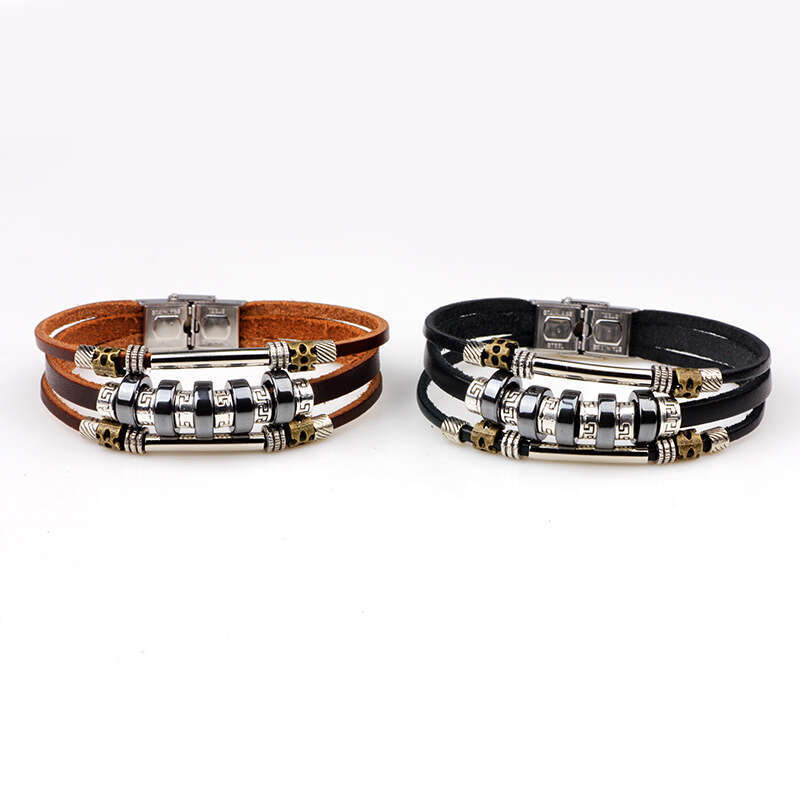Boutique Handmade Black Gallstone Beaded Metal Accessories Genuine Leather Bracelet Yiwu Small Commodity Jewelry