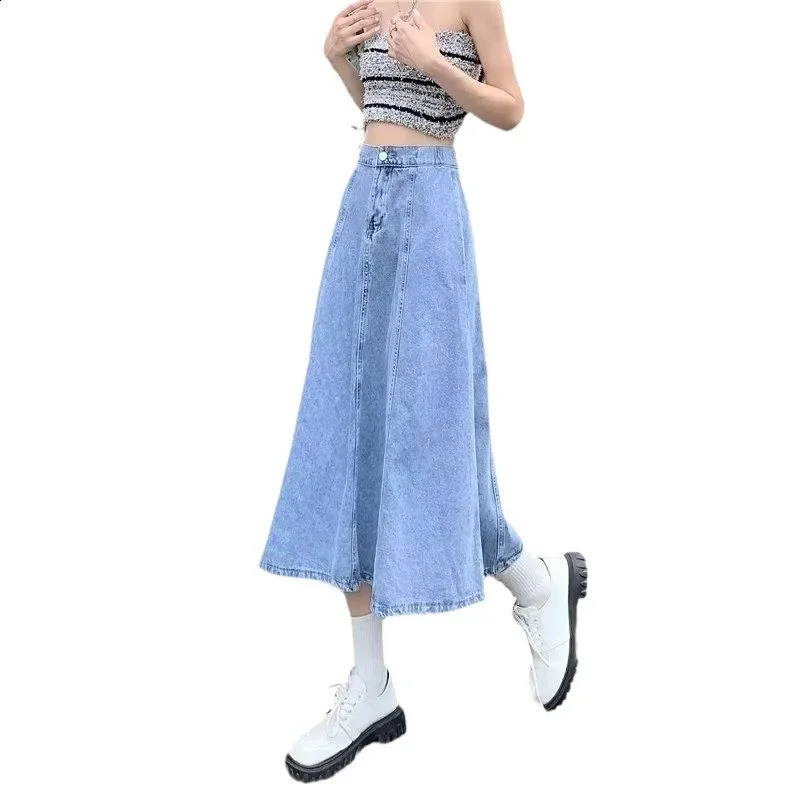 Elastic waist denim long skirt womens skiing summer retro weight loss high waisted Aline drawstring Versatile umbrella dress 250417