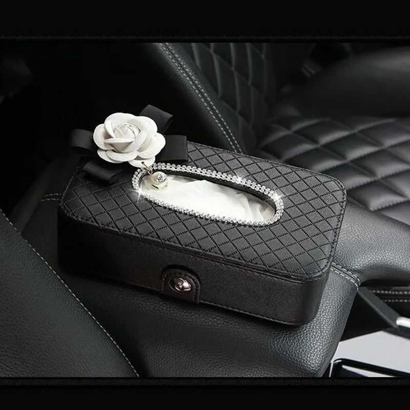 Crystal Car Tissue Box Camellia Flower PU Leather Auto Tissue Bag Seat Back Headrest Hanging Holder Case For Car AccessoriesM251124