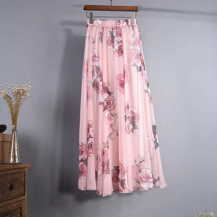 Floral print Bohemian womens retro style elegant chiffon temperature long leather summer beach high waist casual skiing M250424