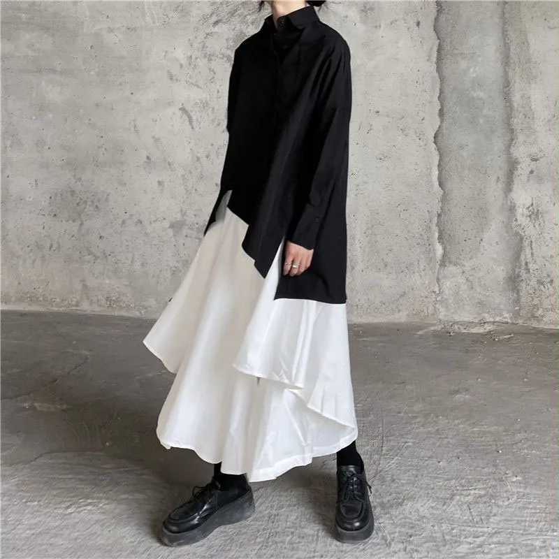 Womens Skirts Gothic Irregular Skirts Womens High Waist White Black Long Skirts Womens Folded Skirts Culottes Womens Clothing M250424