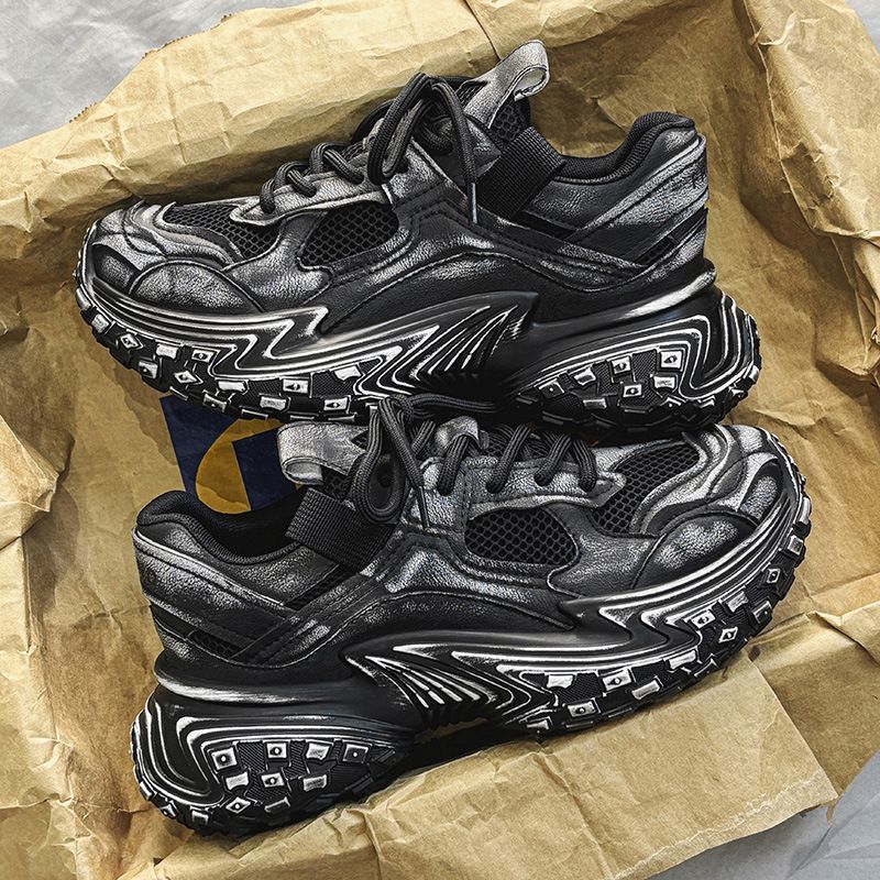 Free shipping men's retro distressed chunky dad sneakers grey mesh platform shoes thick sole fashionable versatile daily wear sports trainers mul