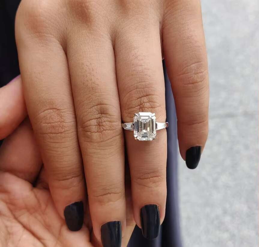 White Gold 3.89 TCW Emerald and Tapered Baguette Three Stone Engagement Moissanite Ring