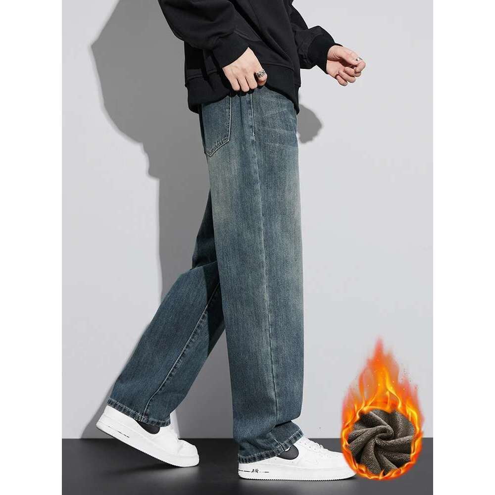 Fleece Baggy Straight Jeans Men Winter New Classic Vintage Blue Wide Leg Denim Pants Fashion Korean Thickened Warm Male Trousers