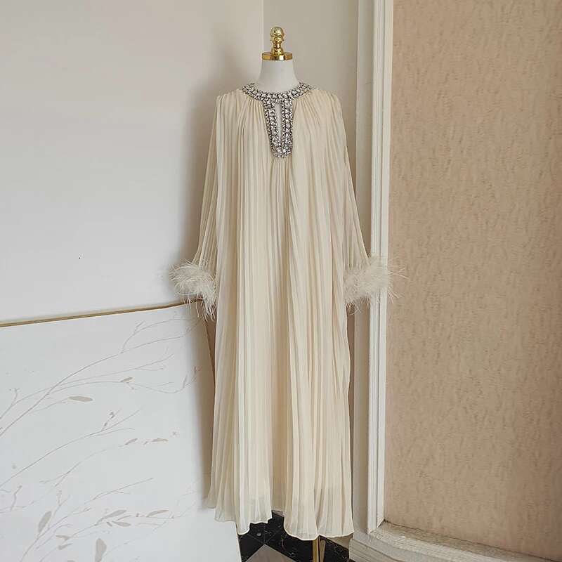 KBQ Colorblock Hollow Out Spliced Dias Dresses For Women O Neck Long Sleeve Patchwork Feather Loose Dress Female Fashion New