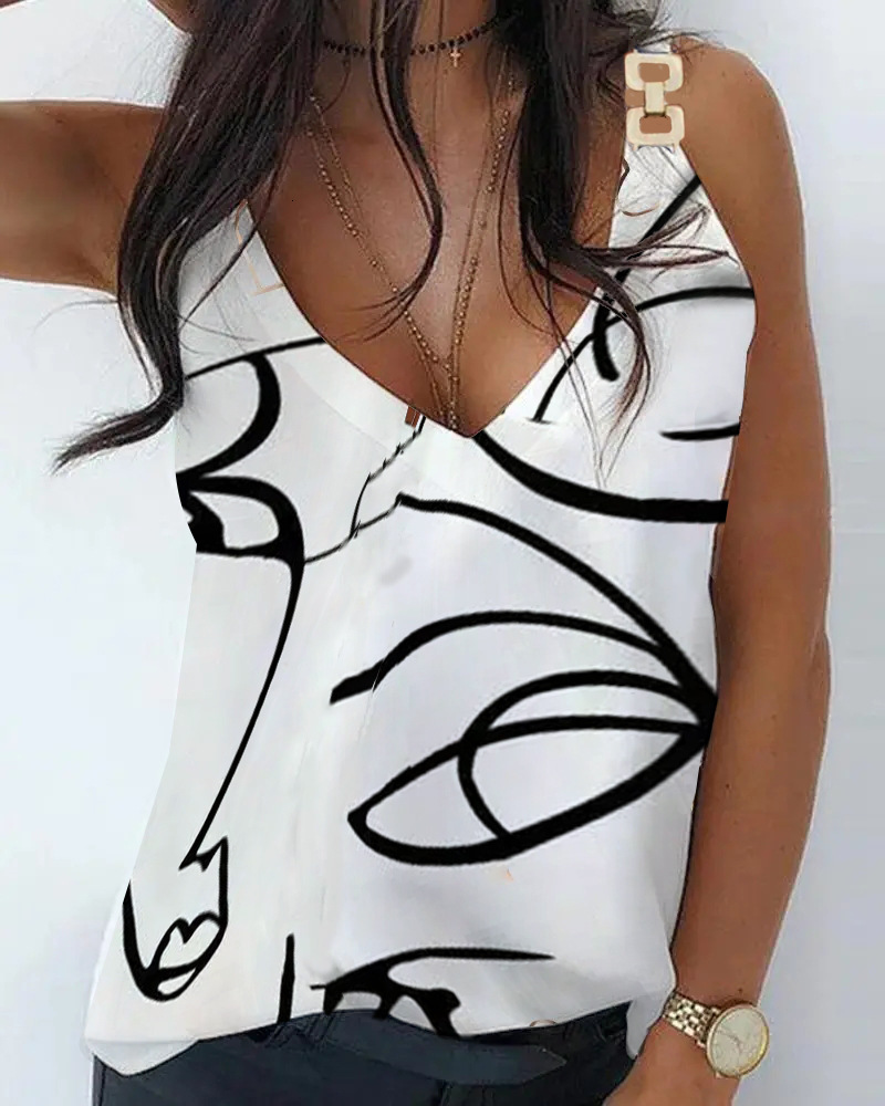 2023 Summer Sleeveless V-neck Metal Button Printed Top Shirt Womens Wear
