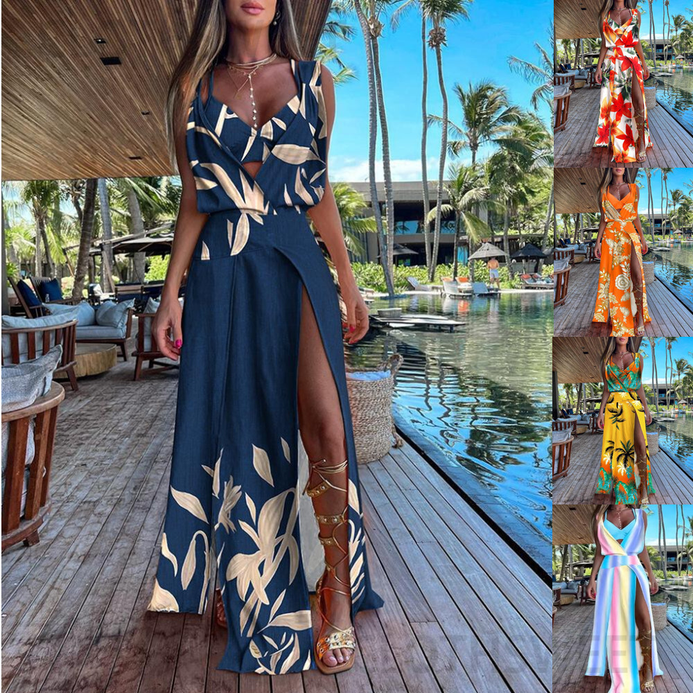 2023 Summer Sleeveless V-Neck Printed Split Bottom Dress Women