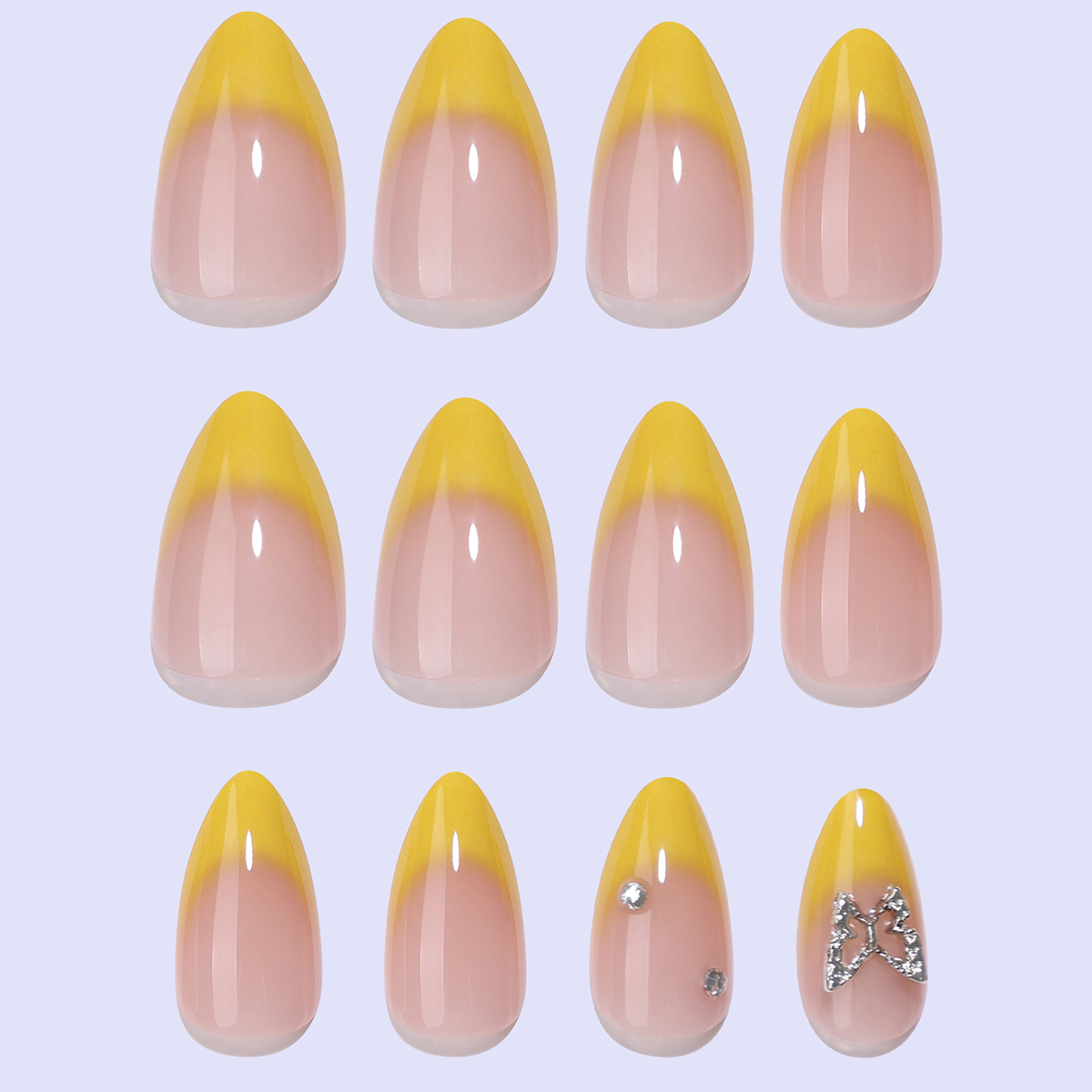 24 pieces of short press-on nails, yellow gradient with three-dimensional butterfly diamonds, fully covering almond nails, suitable as a gift for girl
