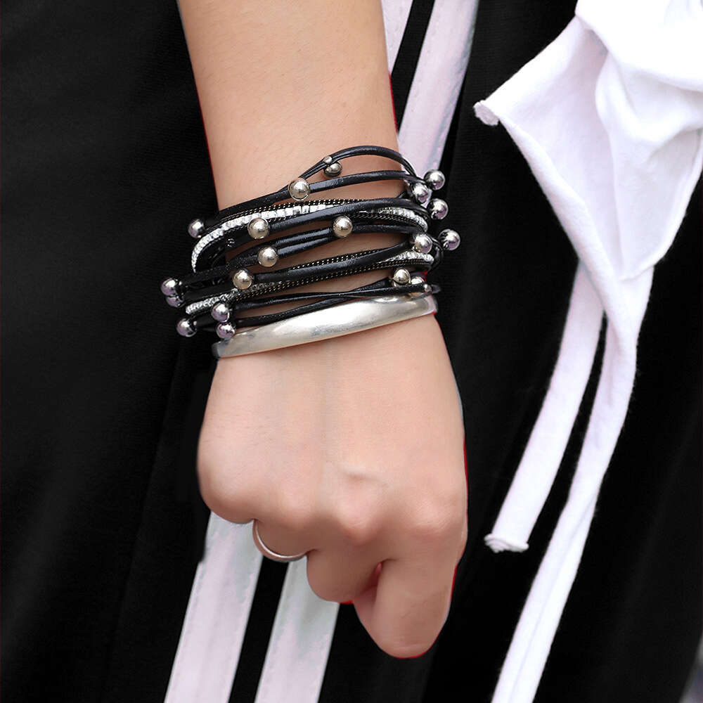 Temu Fashion Leather Inlaid with Water Dia Pearl Multi Loop Wrapped Magnetic Buckle Bracelet Jewelry