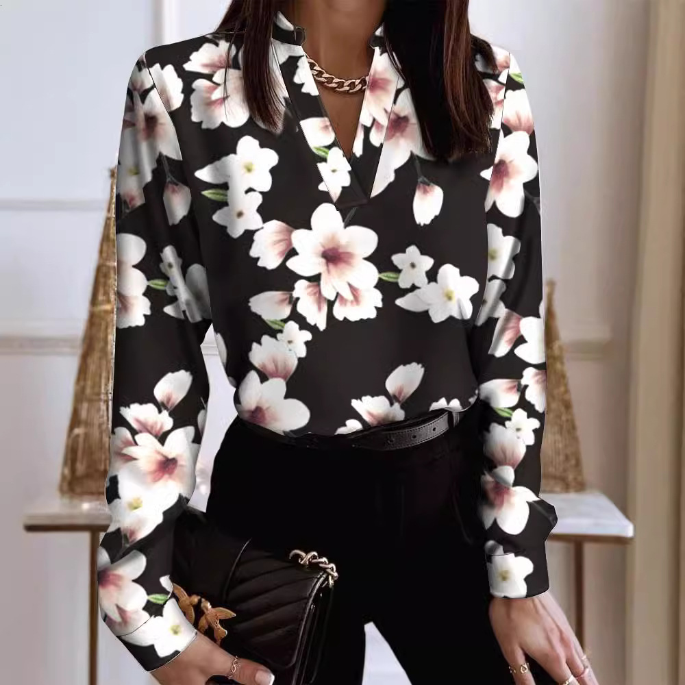 2022 spring long sleeve V-neck loose Print Shirt Blouse women