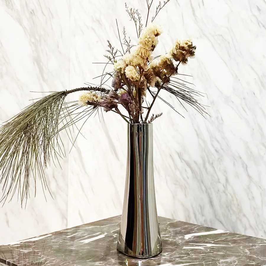 Stainless Steel Silver Metal Small Vase - Simple Light Luxury Dry Flowers/Simulated Flowers Modern Home Decoration Ornament C251124