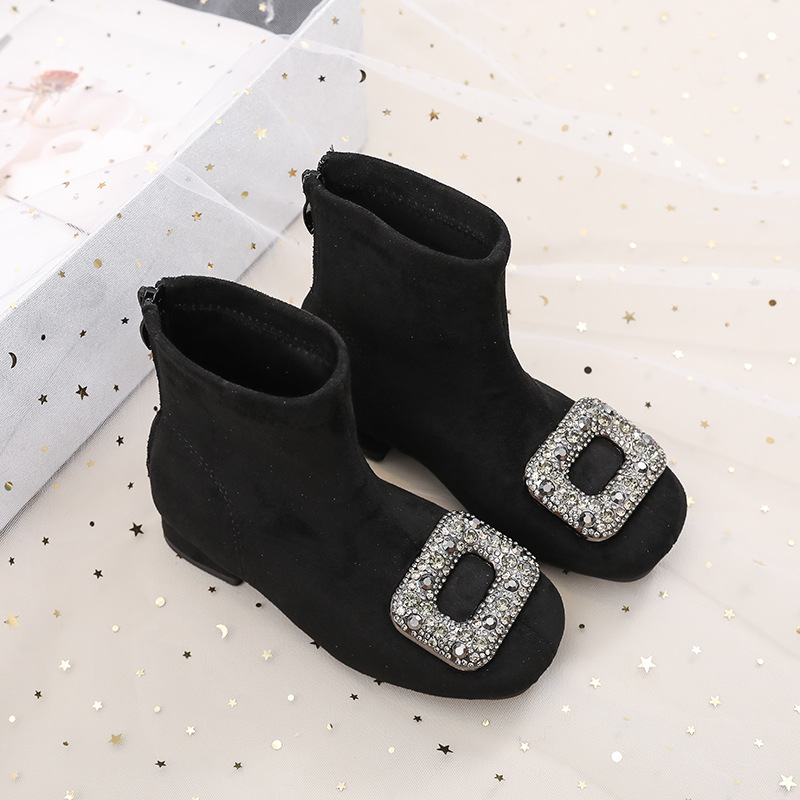 2025 New Style Girls' High-heeled Shiny Square-toe Short Boots with Rhinestone Buckles Warm Plush Fashion Boots for Autumn and Winter