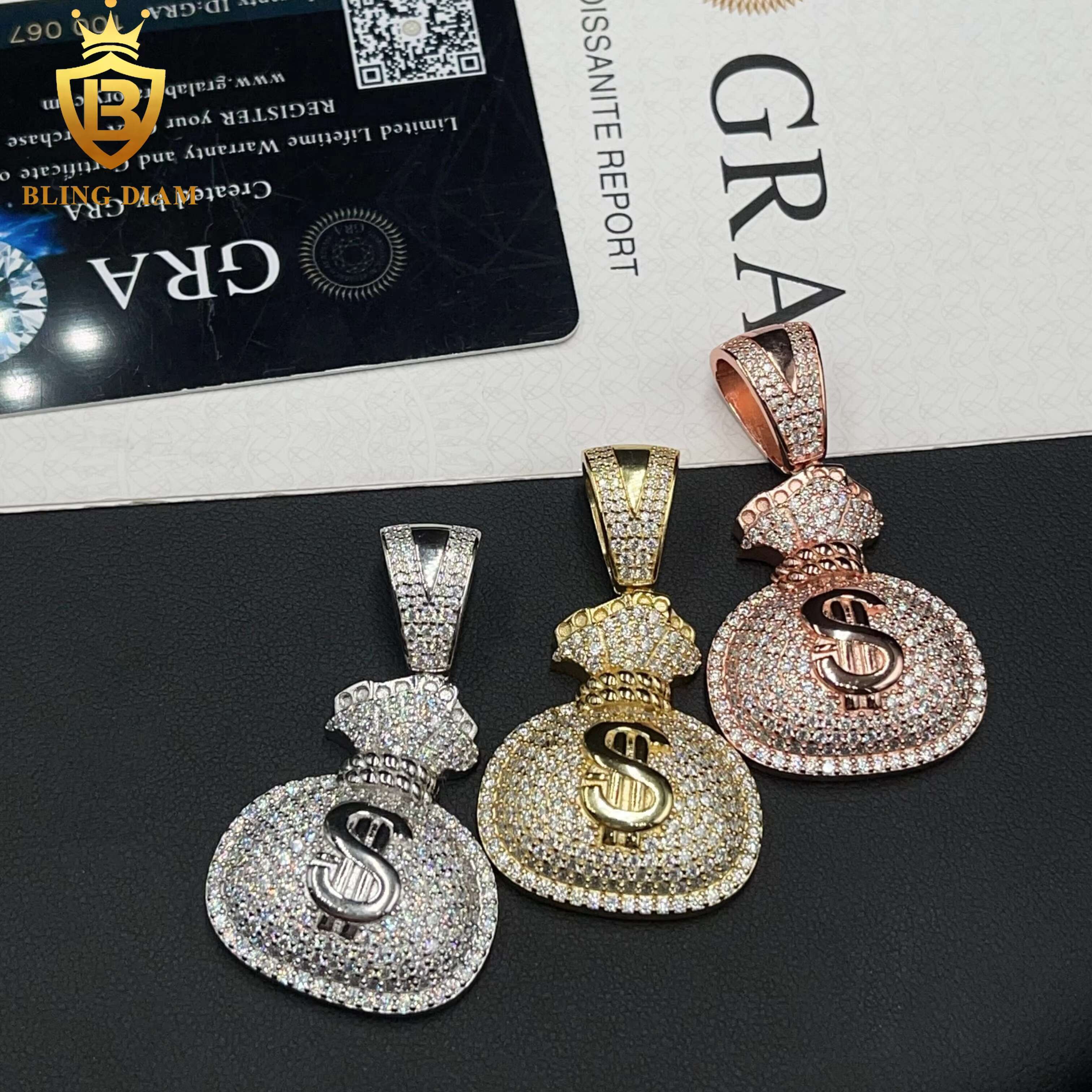 New Fashion Hip Hop Jewelry 925 Sterling Silver VVS Moissanite US Dollar Money Bag Charm Custom Pendants
