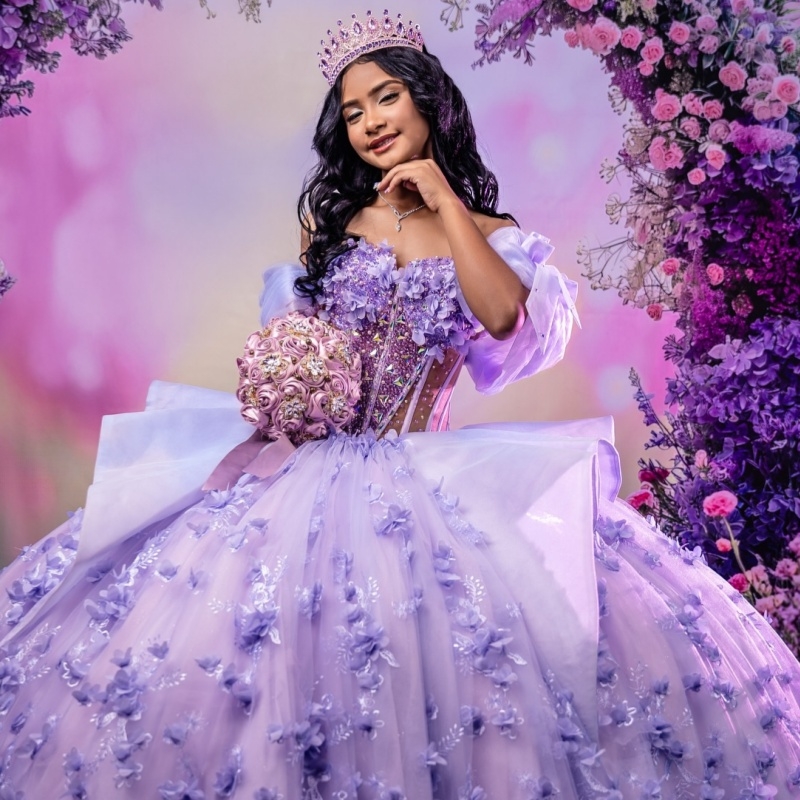 Lilac Princess Quinceanera Dresses Off Shoulder Applique Flower Beads Tull Sweet 16 Dress Ball Gown Vestidos 15 De Anos