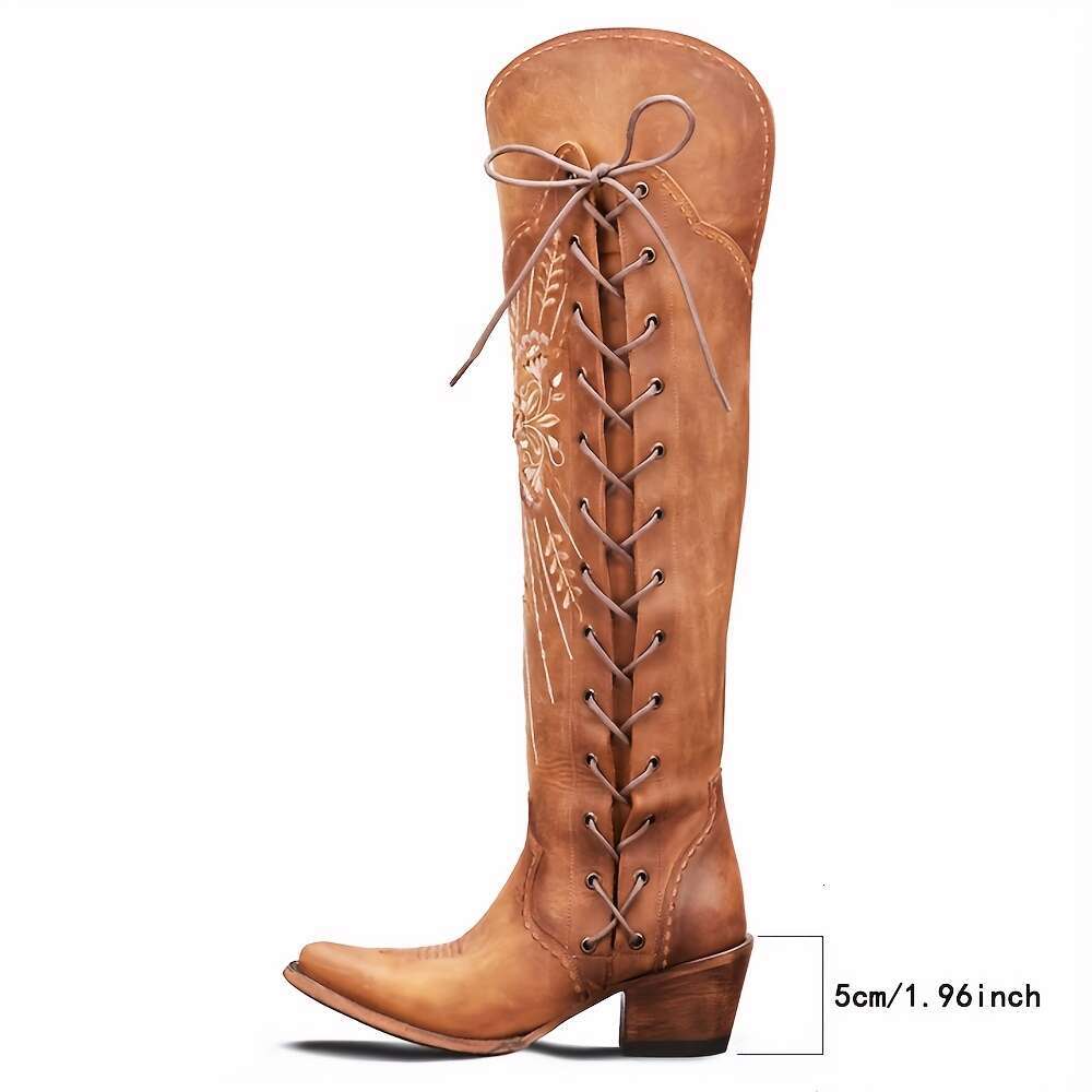 Women's Western Cowgirl Wide Calf Embroidered Pointed Toe Over-The-Knee Mid-Heel Lace-Up & Side Zipper Faux Cover Boots For Dresses Jeans All-Sea