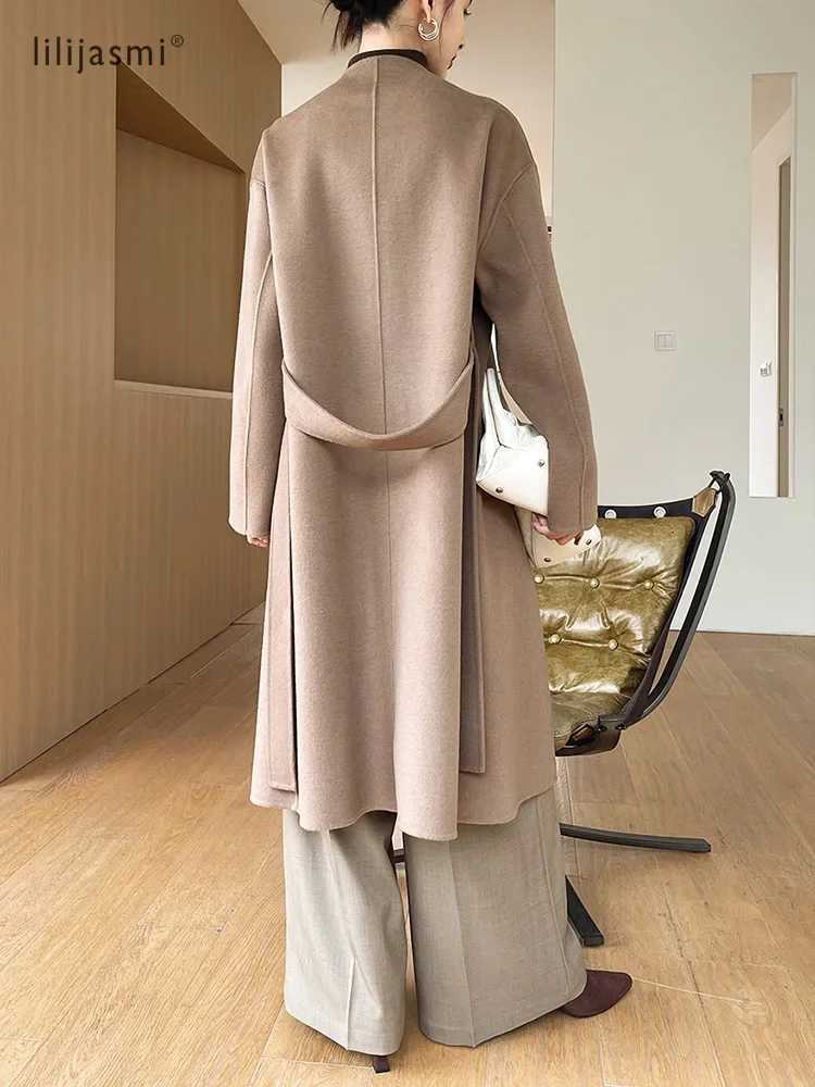 Dual Purpose Collar Wool Coat Horn Button Women 100 Wool Overcoat Double-Layers Autumn Winter Long Jacket Thick Trench Coat 23 J251124