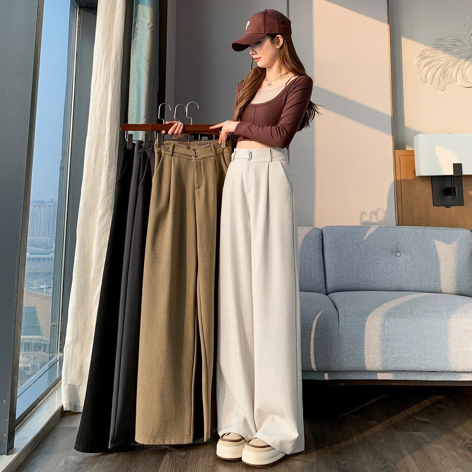 REALEFT 2025 Cotton Linen High Waist Suit Wide Leg Womens Full Pants Spring Summer Female Elegant Straight Loose Trousers 250421