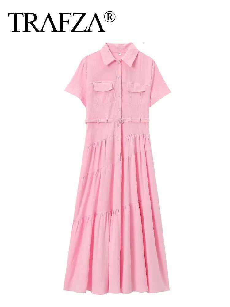 TRAFZA 2024 Female Elegant Long Dresses Solid Turn-Down Collar Short Sleeves Belt Single Breasted Women New Chic Summer Dress
