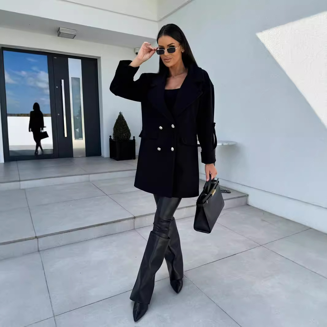 2024 Winter Solid Color Fashion Versatile Double breasted Woolen Coat Womens Wear