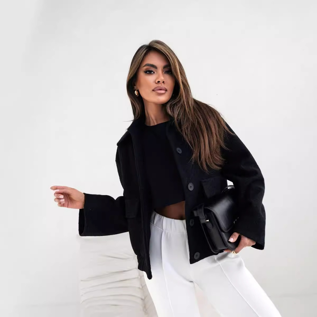2024 New Winter Simple Fashion Solid Color Single breasted Solid Color Woolen Coat Womens Wear