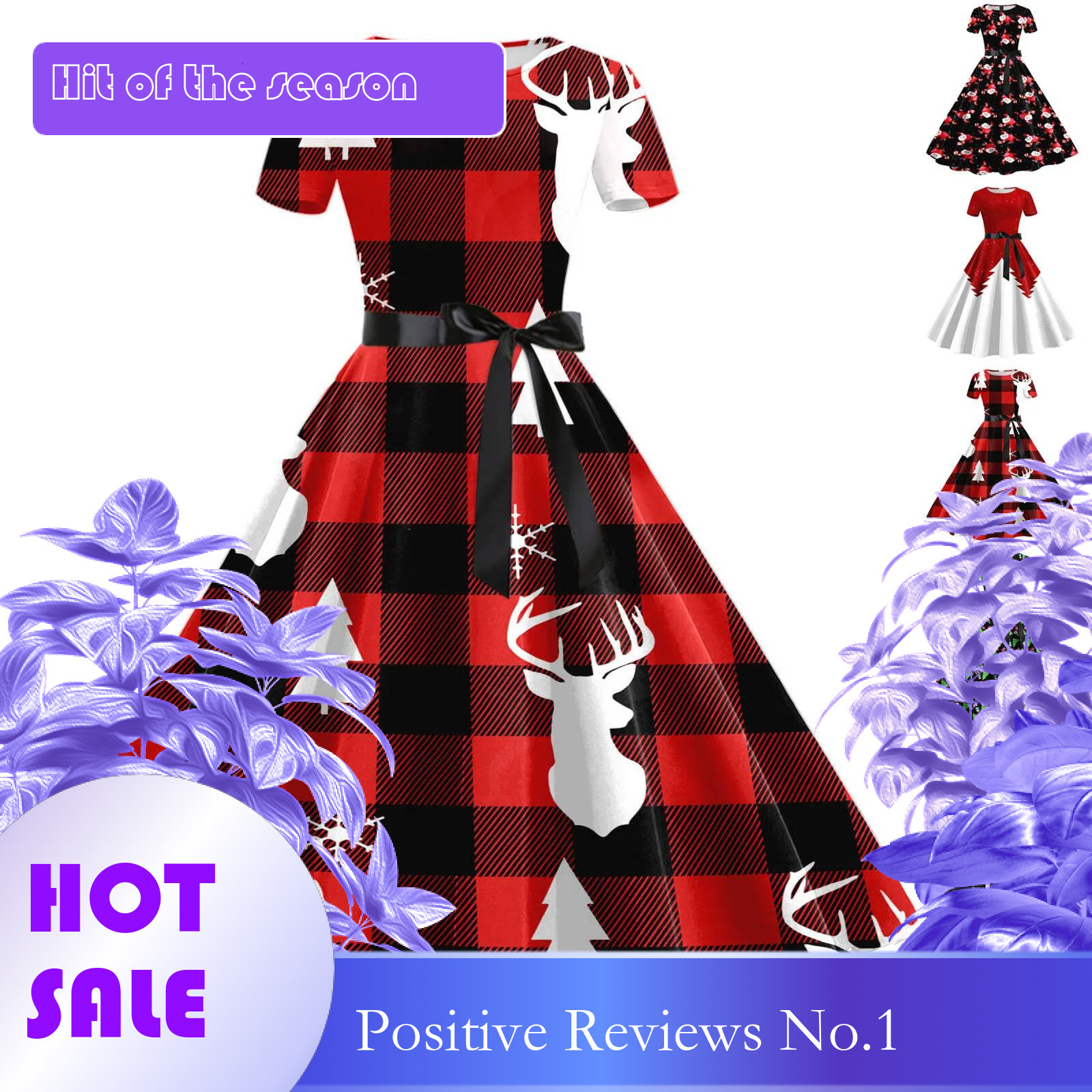 Dongdumaoyi Women S Fashion Christmas Print Dress Ladies Winter Casual Slim Short Sleeved Dresses Female Lace Splicing Hepburn Prom