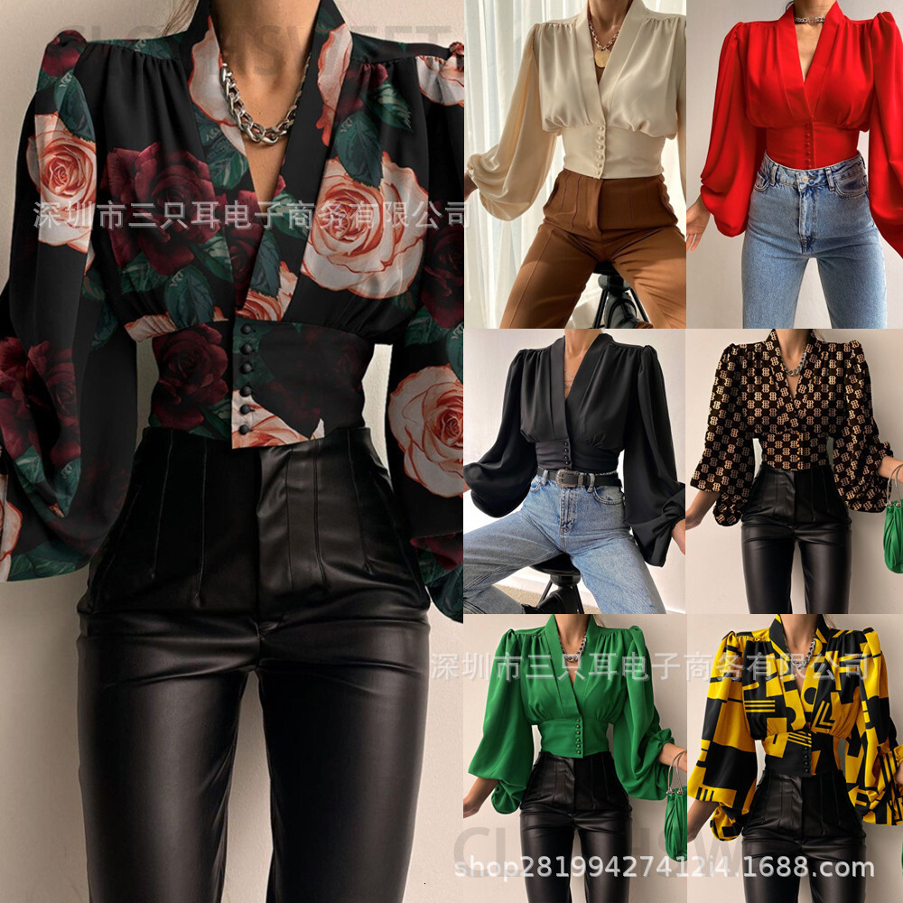 Spring 2021 new style button V-neck Lantern Sleeve Top Shirt