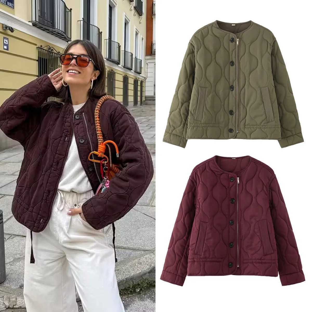 Women Quilted Bomber Jackets 2025 New Autumn Winter Long Sleeve Snap-Button Warm Coat Female Outerwear Chic Padded Parkas Tops J251124