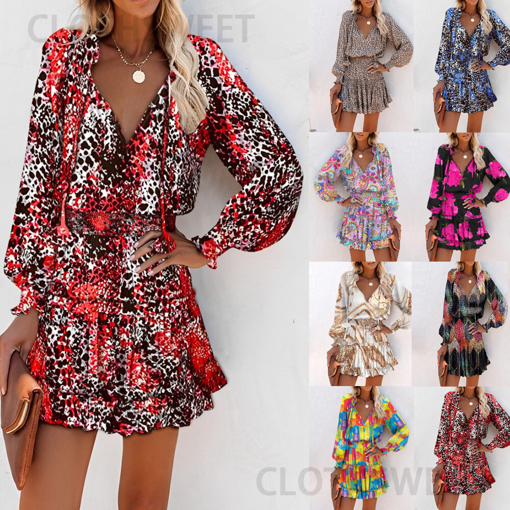 2023 Spring/Summer Long Sleeve V-neck Fashion Printed Waist Dress for Women