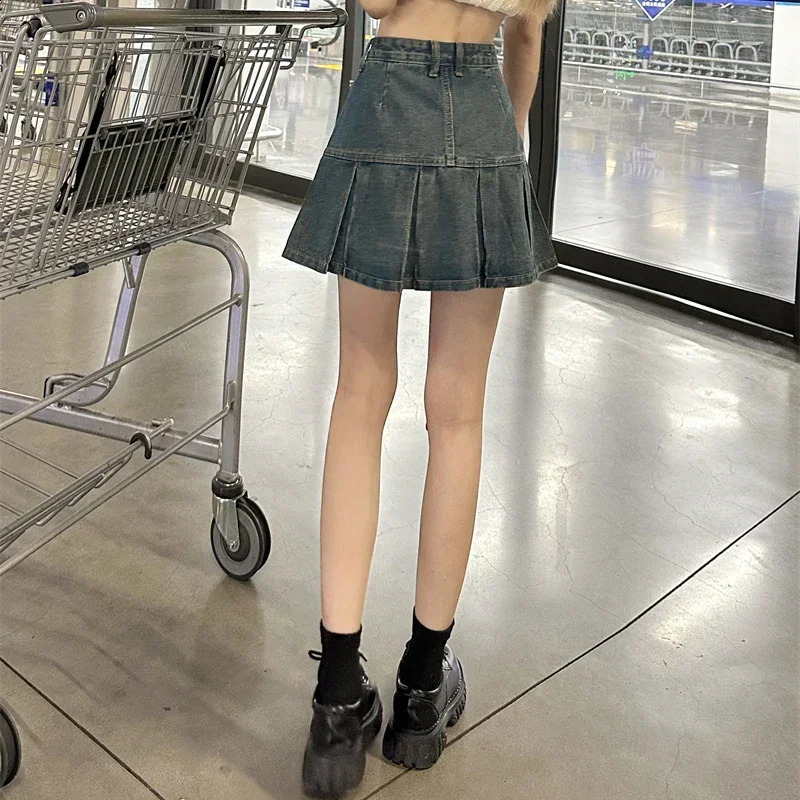 Womens High Waist Elegant Aline Skiing Girl Harajuku Denim Mini Dress Fashion Y2k Blue Packaging Hip Fold 250417